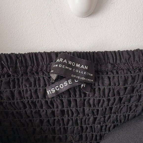 Zara Linen Off Shoulder Button Up Mini Puff Sleeve Dress Black Size XS - Picture 6 of 9